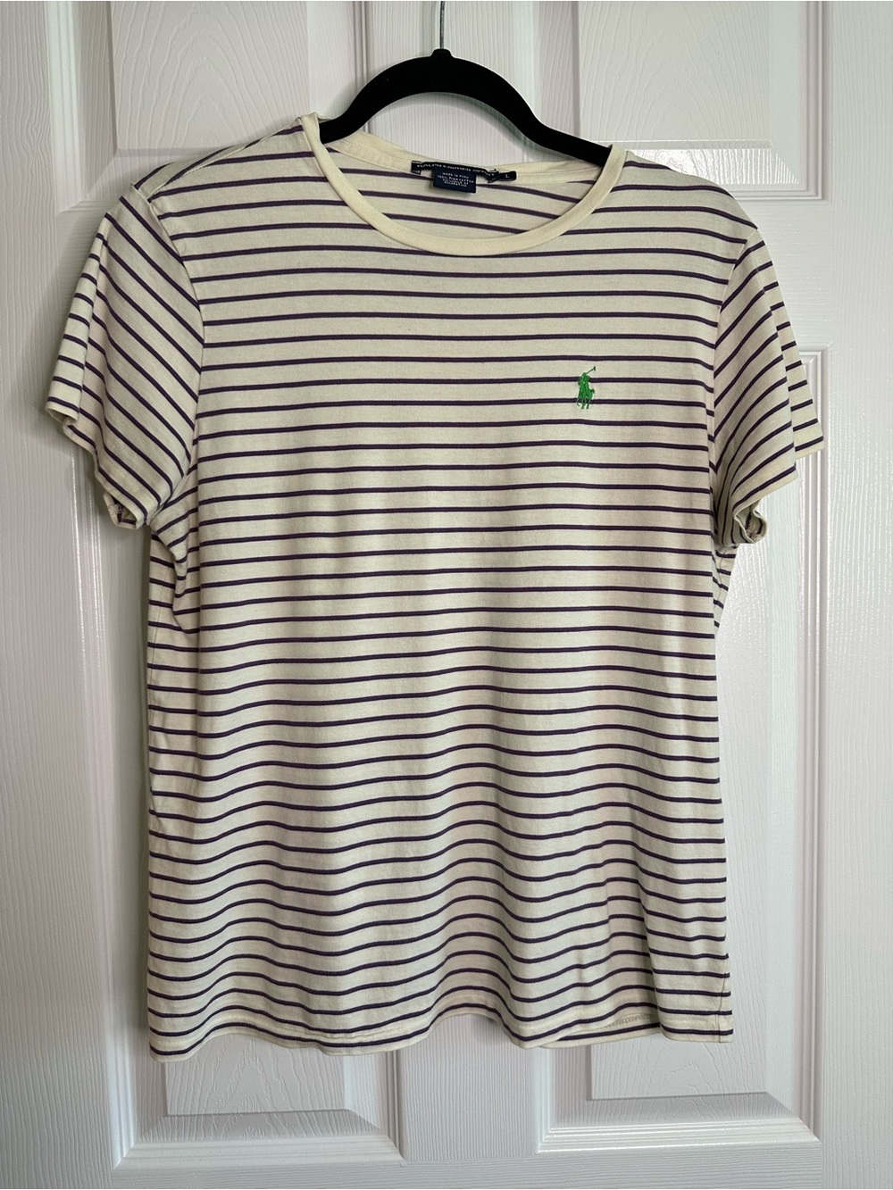 Ralph Lauren 100% Pima Cotton Cream Tee with Navy Stripes and Green Polo Logo